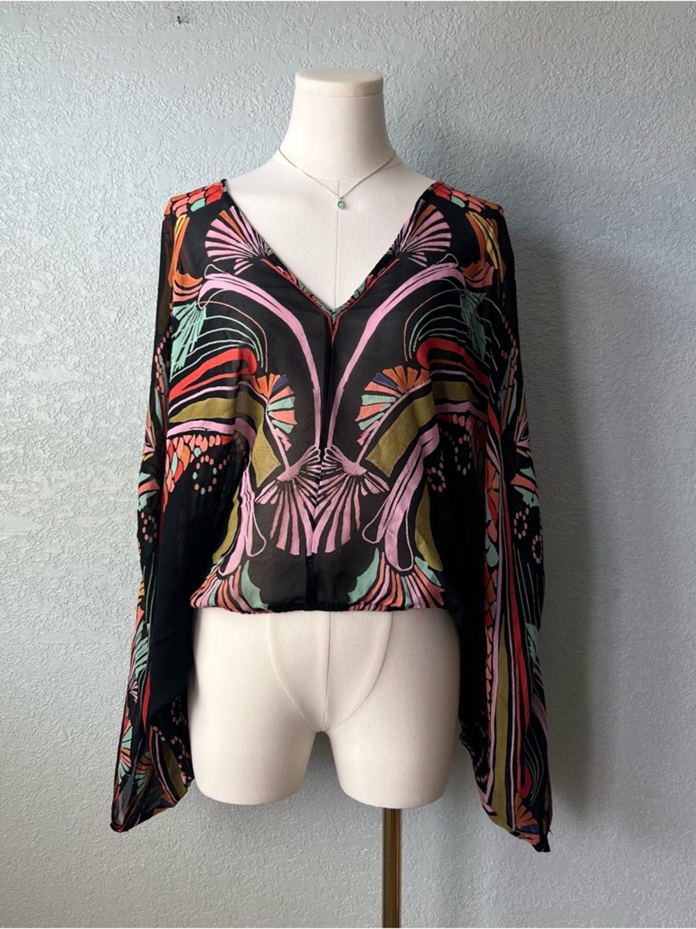 Free People Sheer Boho Blouse Bell Sleeve Festival Top Black Print M